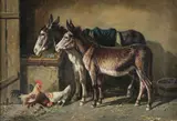 Thomas Sidney Cooper, Donkeys and chickens in barn -, Oil on canvas