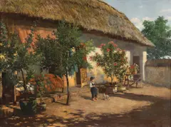 Hungarian School, Farmyard Scene with boy playing, Oil on canvas