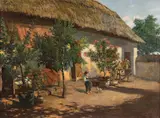 Hungarian School, Farmyard Scene with boy playing, Oil on canvas