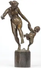 August Schreitmüller, A Bacchante & Satyr, Bronze with brown patina on cylindrical marble base