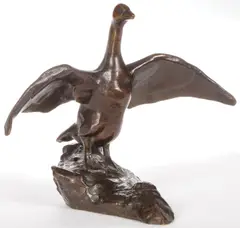 Eugenie Shonnard, An Upright Goose with Spread Wings on Rocky Outcrop, Bronze with brown patina
