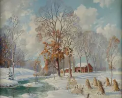 Edwin John Bruns, Snowy Farm Scene with Haystacks -, Oil on canvas