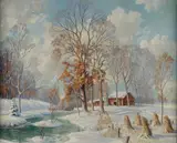 Edwin John Bruns, Snowy Farm Scene with Haystacks -, Oil on canvas