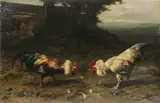 Eugène Rémy Maes, A Wily Fox Watching a Cock Fight -, Oil on canvas laid down
