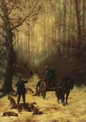 Léon Becker, Scene of Hunting in Snowy Wooded Landscape, Oil on canvas laid down