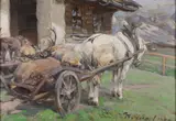 "Return from the Hunt" - Wagon with stag in Alpine setting - by Heinrich von Zügel, Oil on artist board, sold Jul 2022