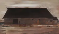 Zora Duvall, Moody Landscape with Barn, Oil on panel
