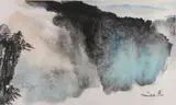 Baizhong Zheng, River Landscape with Waterfall, Watercolor and ink on scroll mounted for framing