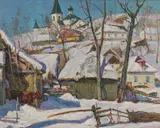 Albin Stanislavovich Gavdzinksy, Winter Village Landscape, Oil on canvas