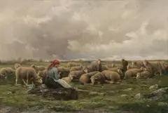Louise J. Guyot, A Shepherdess and Flock of Sheep -, Oil on canvas