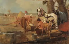 Alfredo Soressi, A Harvest Scene with Horses, Oil on canvas board