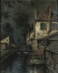 Georges Maroniez, Nocturnal View of Water Mill, Oil on artist board