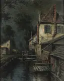 Georges Maroniez, Nocturnal View of Water Mill, Oil on artist board