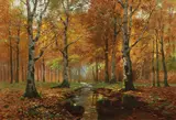 Carl Fay, Tranquil Autumn Forest Landscape with Stream, Oil on canvas
