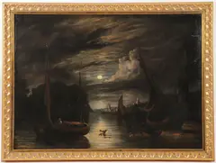 John Berney Crome, Moonlit Harbor Landscape with Sailboats, Oil on resin lined canvas