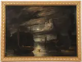 John Berney Crome, Moonlit Harbor Landscape with Sailboats, Oil on resin lined canvas