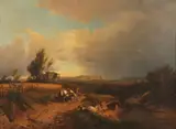 Traveler in Expansive Landscape - by Continental School, Oil on canvas, sold Dec 2021