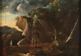 Joseph Vernet, Dark Moody Landscape with Figures, Oil on canvas laid down