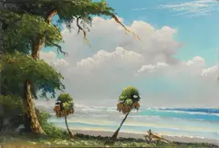 Highwaymen Landscape of Florida Beach with Palms by Lemuel "Lem" Newton, Oil on board, sold Dec 2021