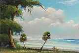 Lemuel "Lem" Newton, Highwaymen Landscape of Florida Beach with Palms, Oil on board