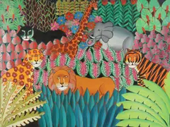 Madeline Mirvil, Vibrant Depiction of Jungle Animals Amongst Foliage, Oil on canvas