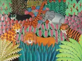 Madeline Mirvil, Vibrant Depiction of Jungle Animals Amongst Foliage, Oil on canvas