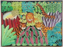 Madeline Mirvil, Vibrant Depiction of Jungle Animals Amongst Foliage, Oil on canvas