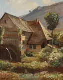 Eugen John, Cottage with Waterwheel, Oil on canvas mounted on board