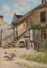 Edwin D. Connell, Courtyard with Geese, Oil on canvas mounted on board