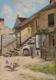 Edwin D. Connell, Courtyard with Geese, Oil on canvas mounted on board
