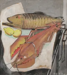 Jean de Botton, Still Life with Seafood, Gouache and ink on paper