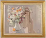 Igor Pantuhoff, Portrait of a Nude with Flower Bouquet, Oil on canvas