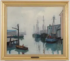 Foggy Morning Harbor (Palm Beach) by Anthony Thieme, Oil on canvas, sold Dec 2021