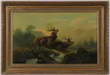 Two Stags Leaping Across a Rivered Landscape - by Continental School, Oil on canvas laid down, sold Dec 2021