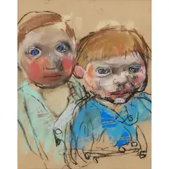TWO CHILDREN by Joan Eardley, Pastel on brown paper, sold Jun 2023