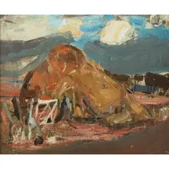 HAYSTACK AND GATE by Joan Eardley, oil on board, sold Jun 2023