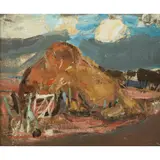 Joan Eardley, HAYSTACK AND GATE, oil on board