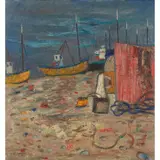 David M. Martin, HUT & BOATS DUNGENESS, 1985, oil on canvas