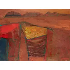 Barbara Rae, RED LANDSCAPE, mixed media on board
