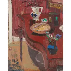 SERPENTINE-FRONTED TABLE by David McClure, 1958, oil on board, sold Apr 2023