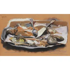 Alexander Goudie, FIN DE REPAS, pastel on brown paper