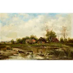 Noël Saunier, A FARMYARD SCENE WITH DUCKS BY A POND, oil on canvas