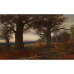 John MacWhirter, WOODLAND WITH ROE DEER, oil on canvas