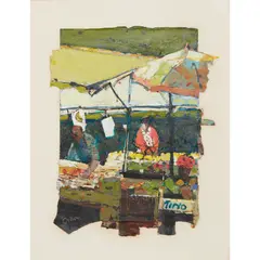 John Brown, ARRANGING THE PRODUCE, mixed media with collaged elements