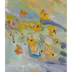 Irene Leslie Main, LITTLE YELLOW WILD FLOWERS, SANIBEL, 1987, mixed media on board
