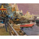 Ken Howard, MANIKARNIKA GHAT, VARANASI, LATE AFTERNOON, oil on canvasboard