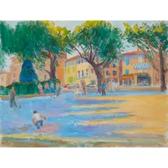 Frederick Gore, PLAYING BOULES IN THE MARKET SQUARE AT APT. (VAUCLUSE), oil on canvas