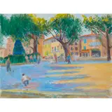 Frederick Gore, PLAYING BOULES IN THE MARKET SQUARE AT APT. (VAUCLUSE), oil on canvas