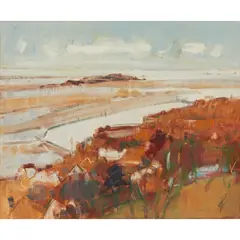 HILBRE ISLAND FROM CALDY by Gordon Bryce, oil on canvasboard, sold Jan 2023