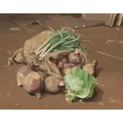 George Houston, STILL LIFE WITH SPRING VEGETABLES, oil on board
